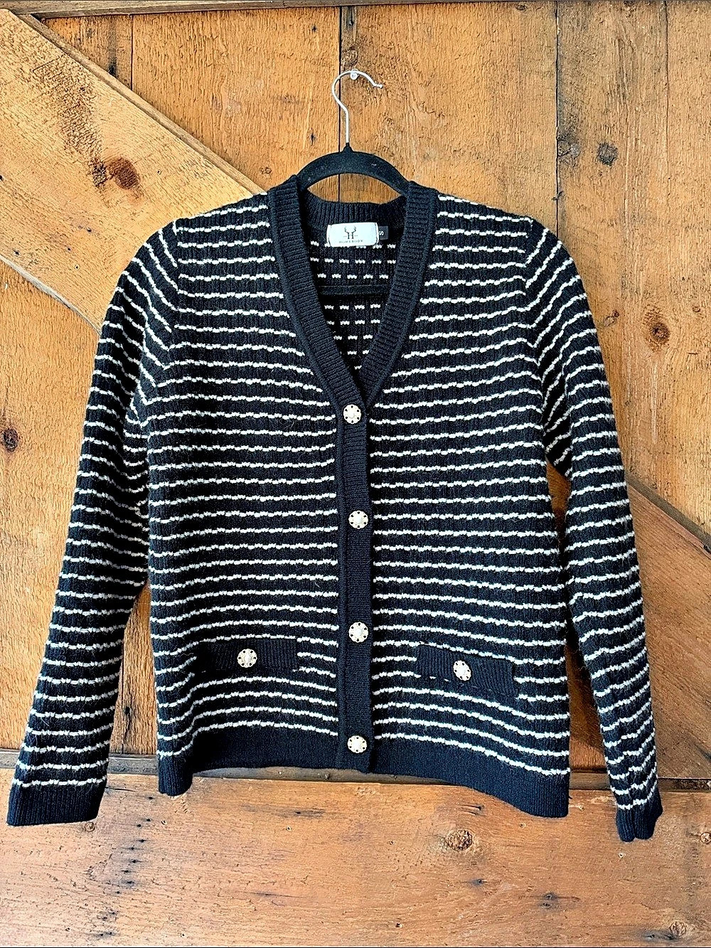 Homebody Striped Cardigan Black White Gold Button Front Pocket Small